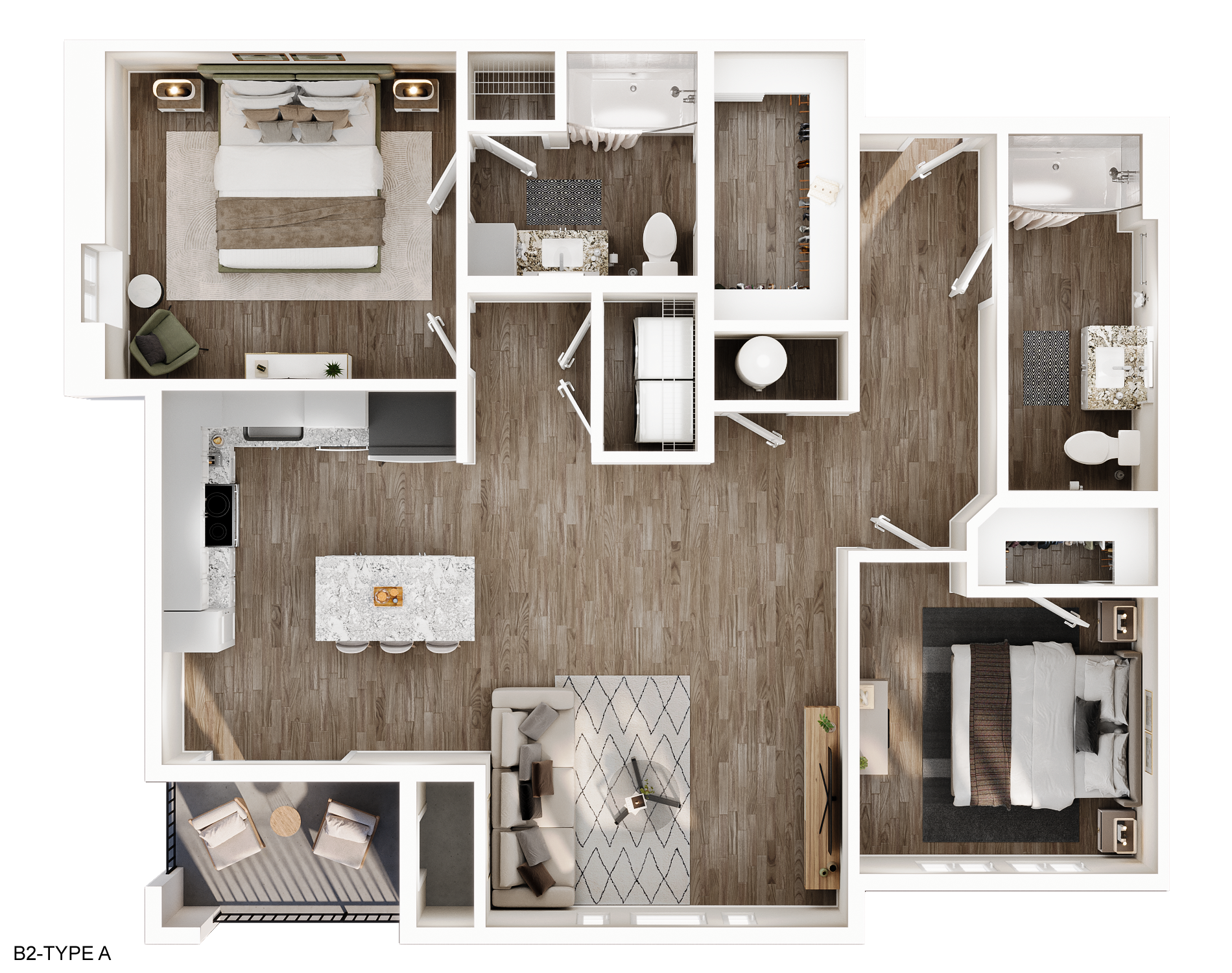 Floor plan of an apartment with two bedrooms, two bathrooms, a kitchen, and a living area.