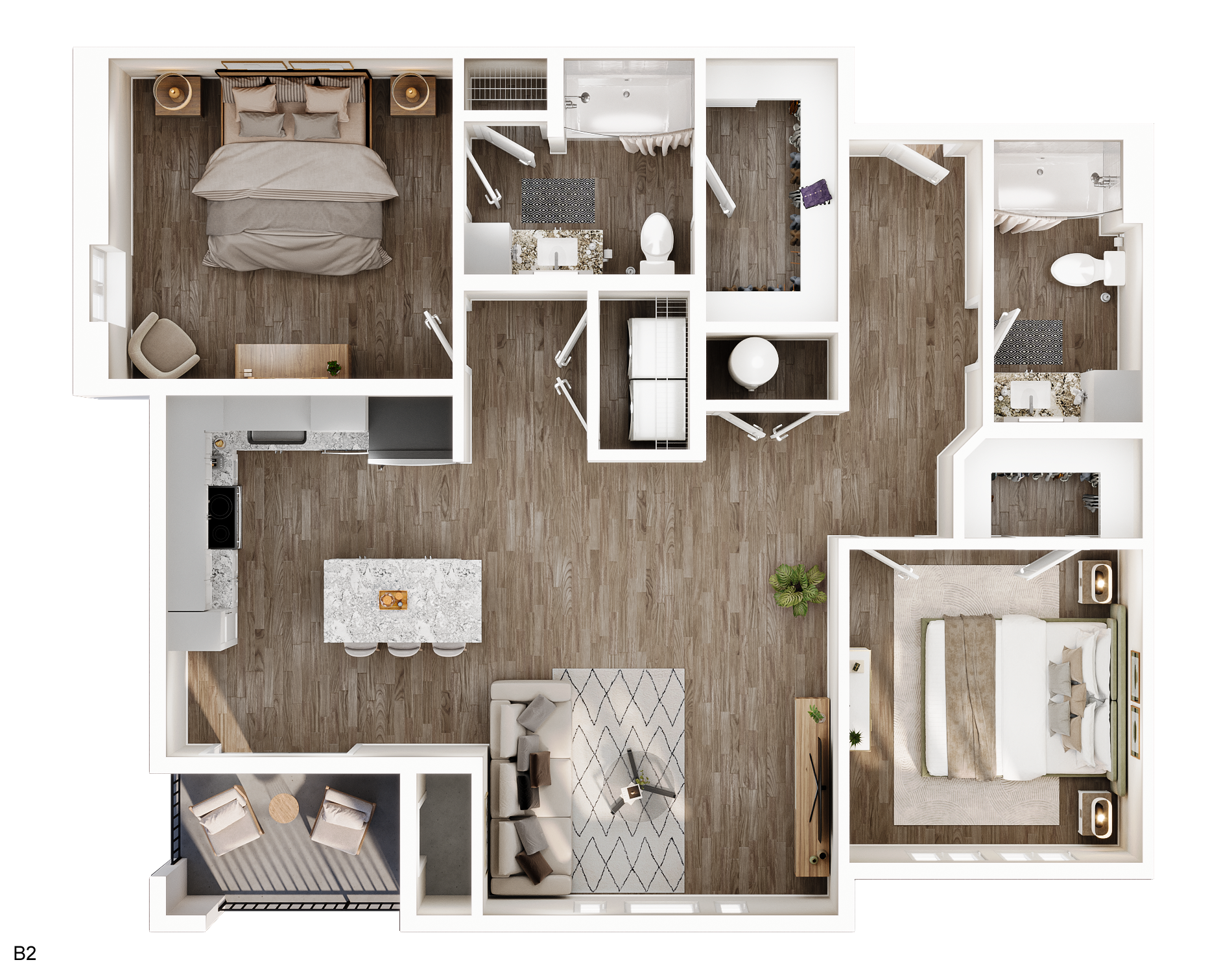 Floor plan of a two-bedroom apartment. Brown flooring, white walls, kitchen, living room, and two bedrooms.
