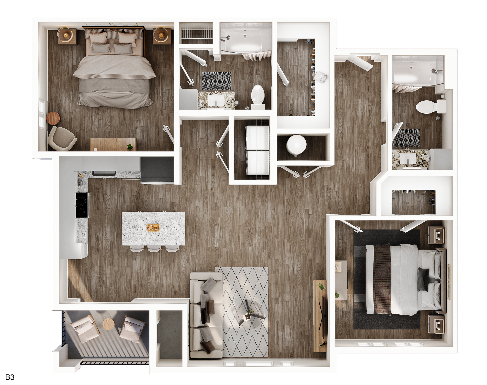 Floor plan of a two-bedroom apartment. Includes kitchen, living room, bathrooms, and bedrooms with furniture.