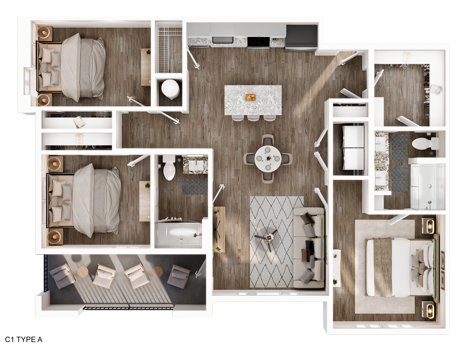 Floor plan of an apartment with three bedrooms, kitchen, dining area, and living room.
