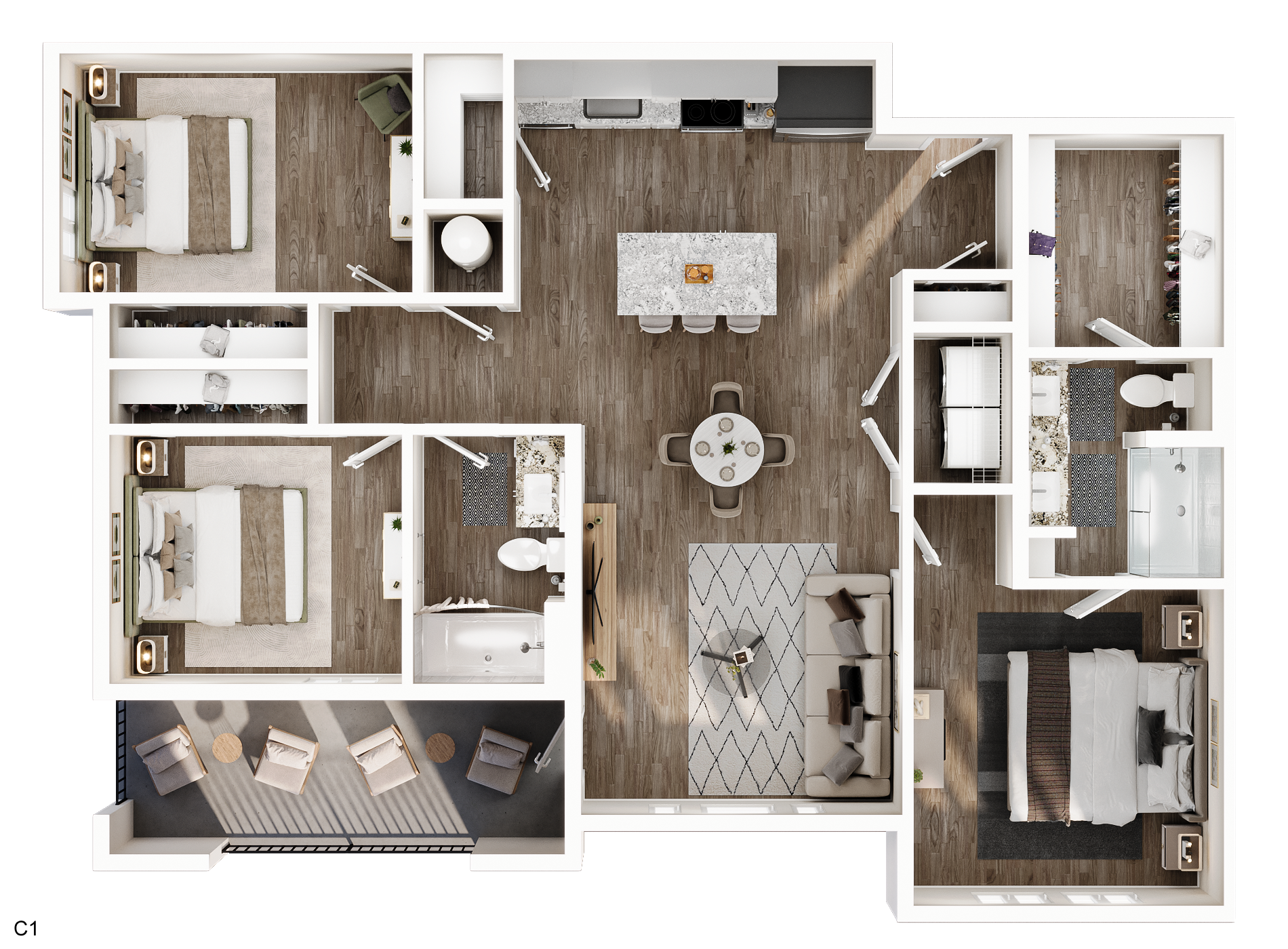 Floor plan: Two-bedroom apartment with kitchen, dining, living room, bathrooms, and balcony.