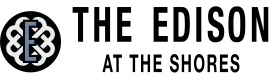 Logo of "The Edison at the Shores," with a stylized "E" inside a circle.