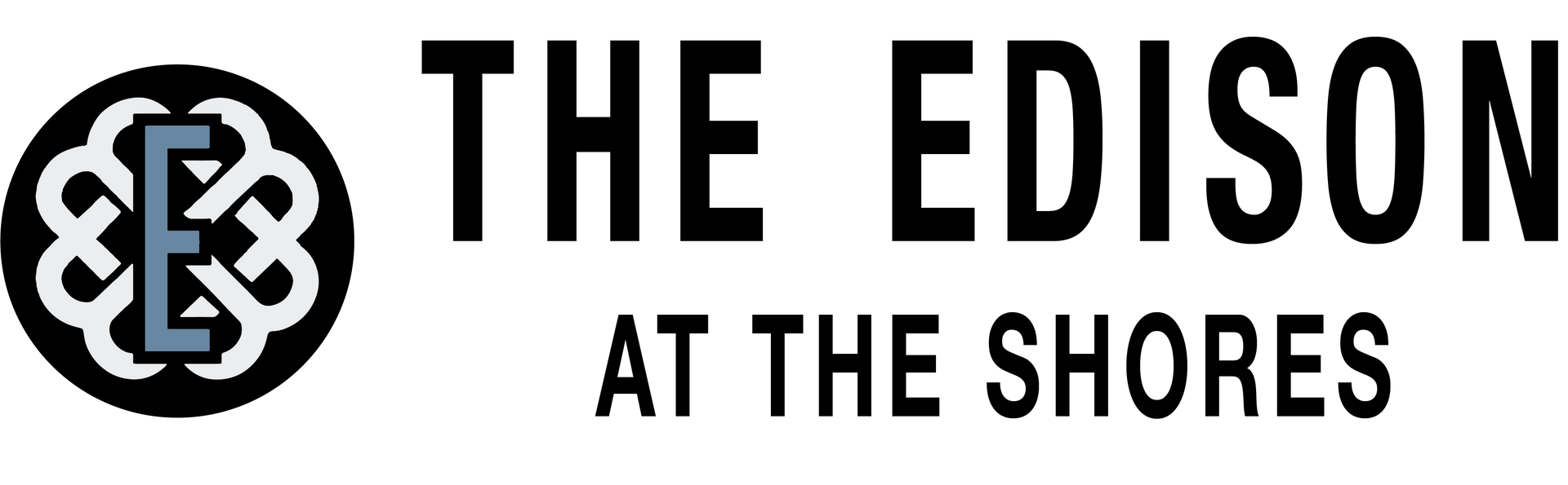 Logo of "The Edison at the Shores," with a stylized "E" inside a circle.