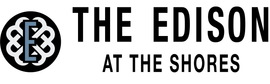 Logo of "The Edison at the Shores," with a stylized "E" inside a circle.