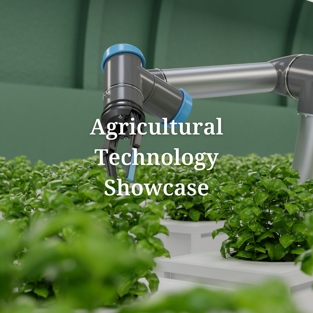 a picture of a robotic arm with the words agricultural technology showcase above it