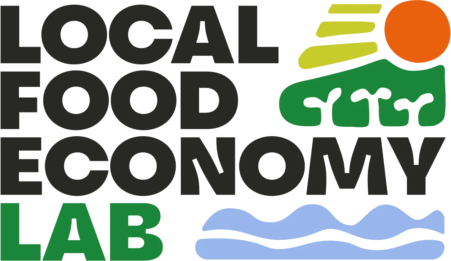 Logo for Local Food Economy Lab with stylized sun, landscape, and water.