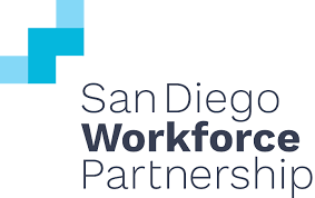 San Diego Workforce Partnership logo: light blue and dark blue blocks above text 