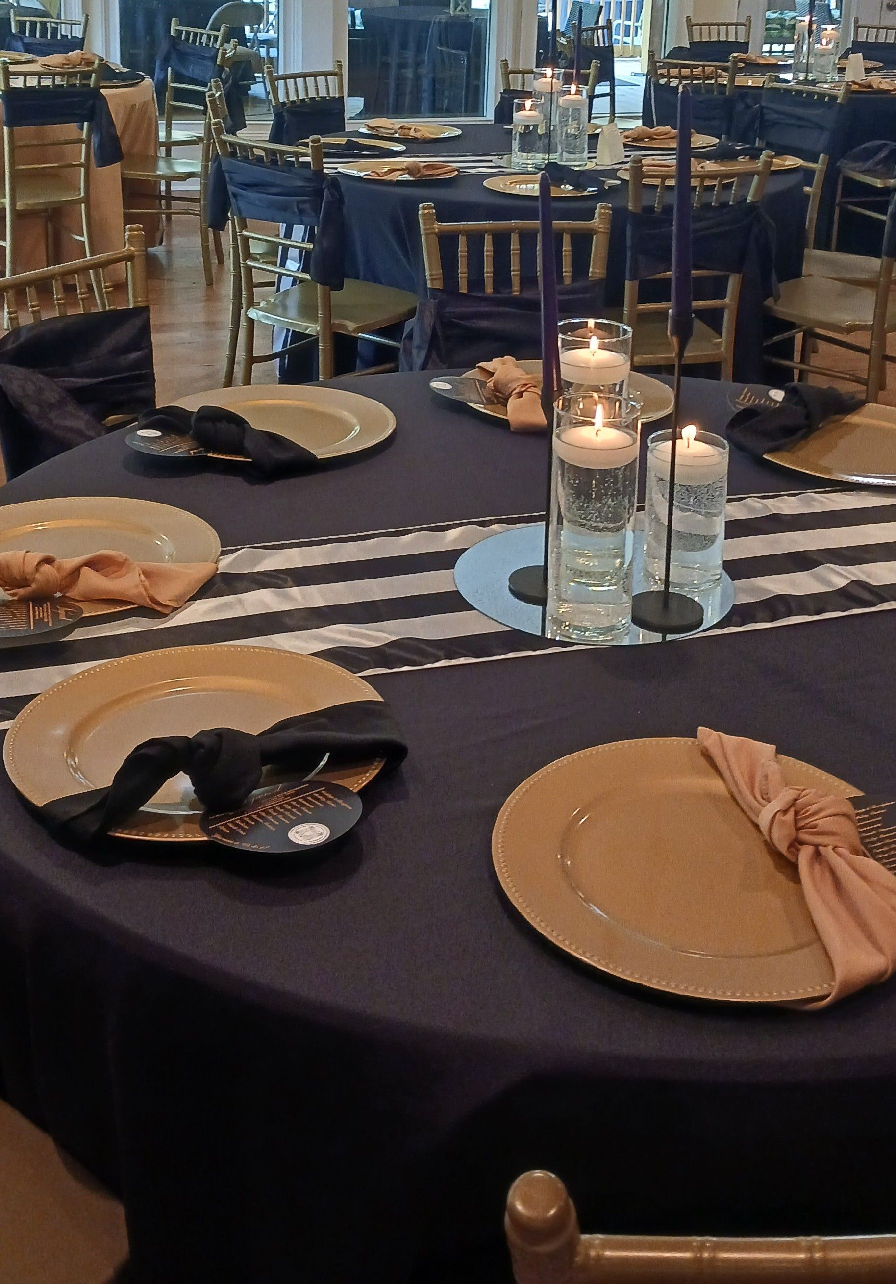 A table with plates and candles on it