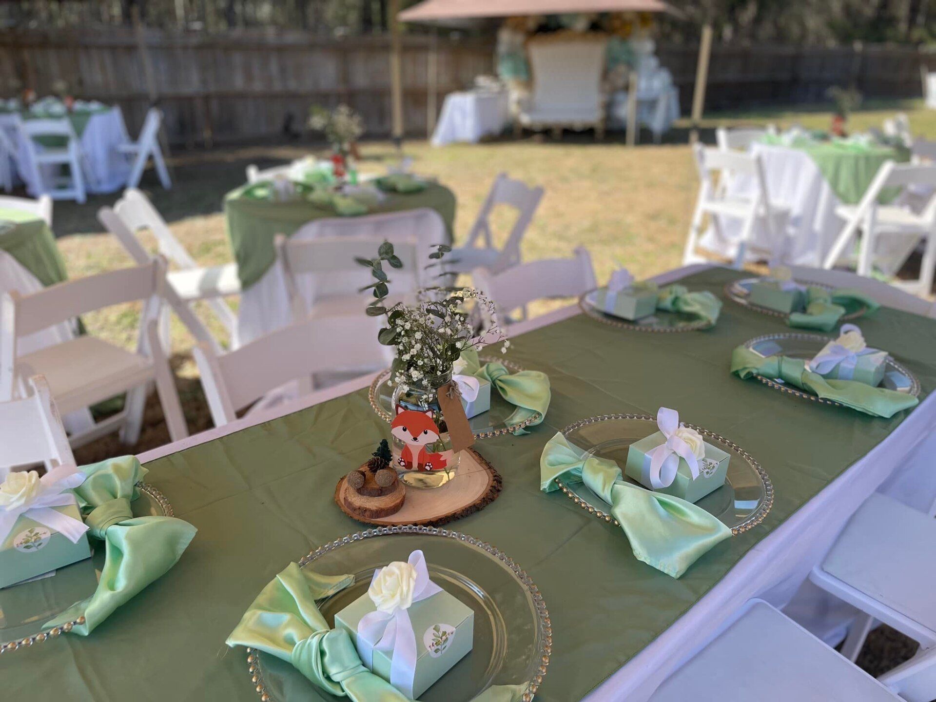 A table with plates , napkins , and a vase on it is set for a party.