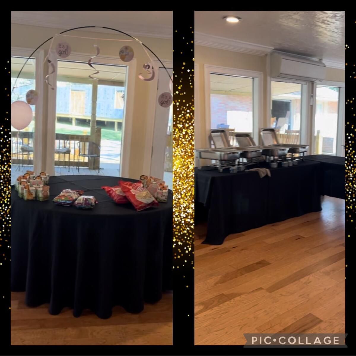 Two pictures of a table with a black table cloth