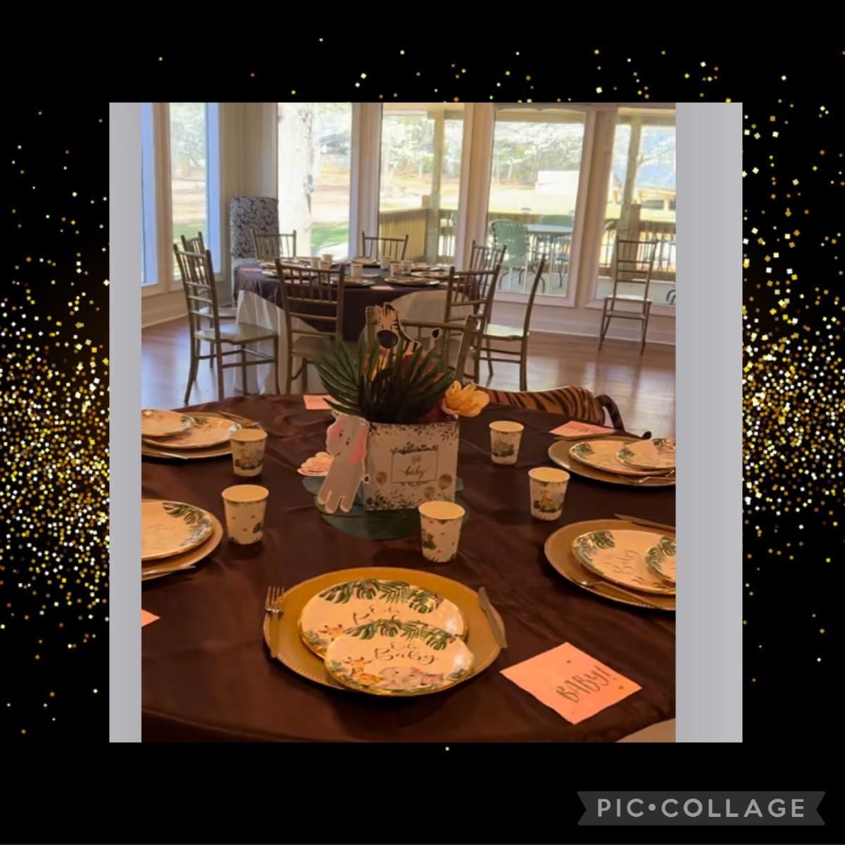 A table set for a party with plates and cups on it