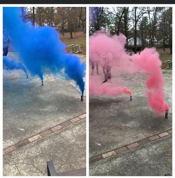 Two pictures of blue and pink smoke coming out of a cannon
