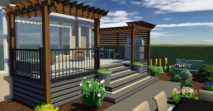 An aerial view of a deck with furniture and a grill