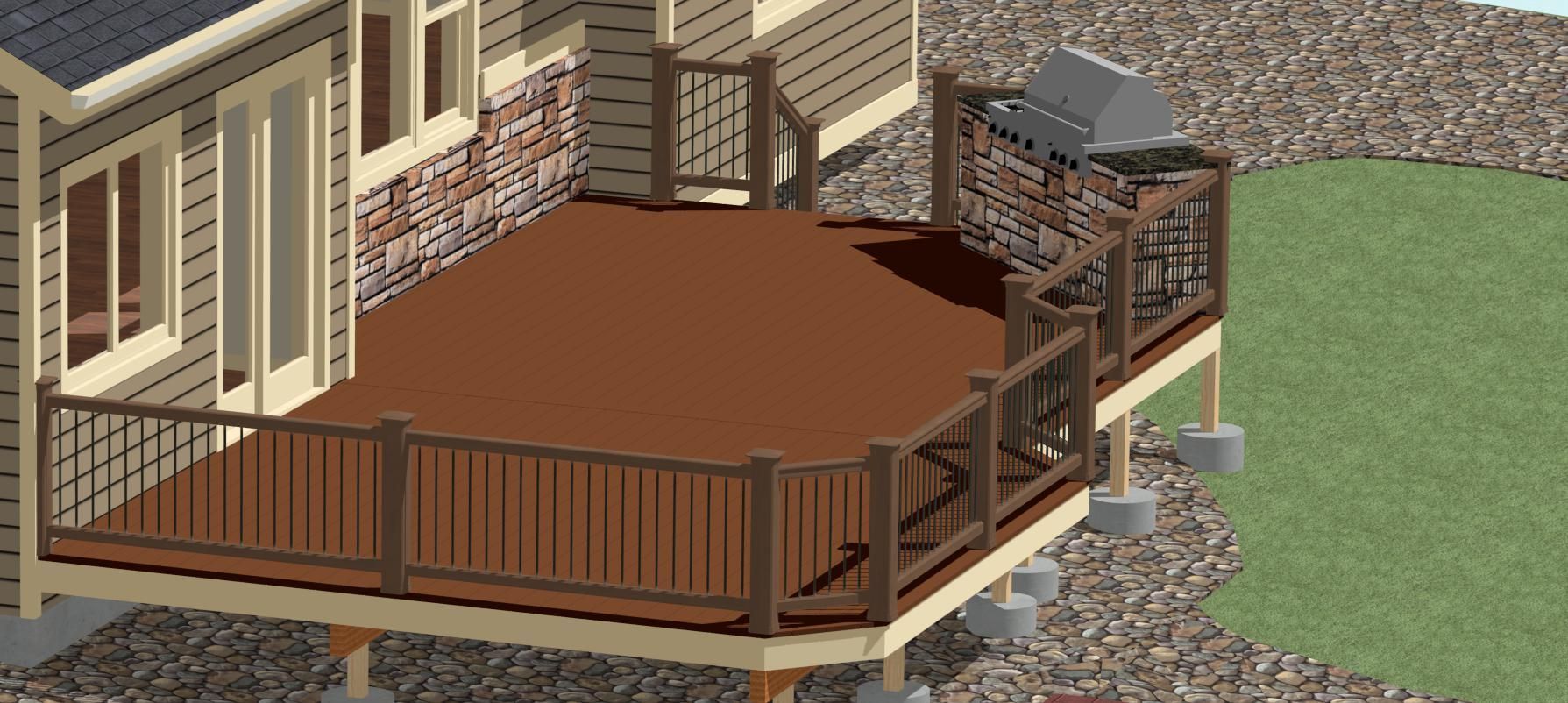 An aerial view of a house with a wooden deck and a grill.