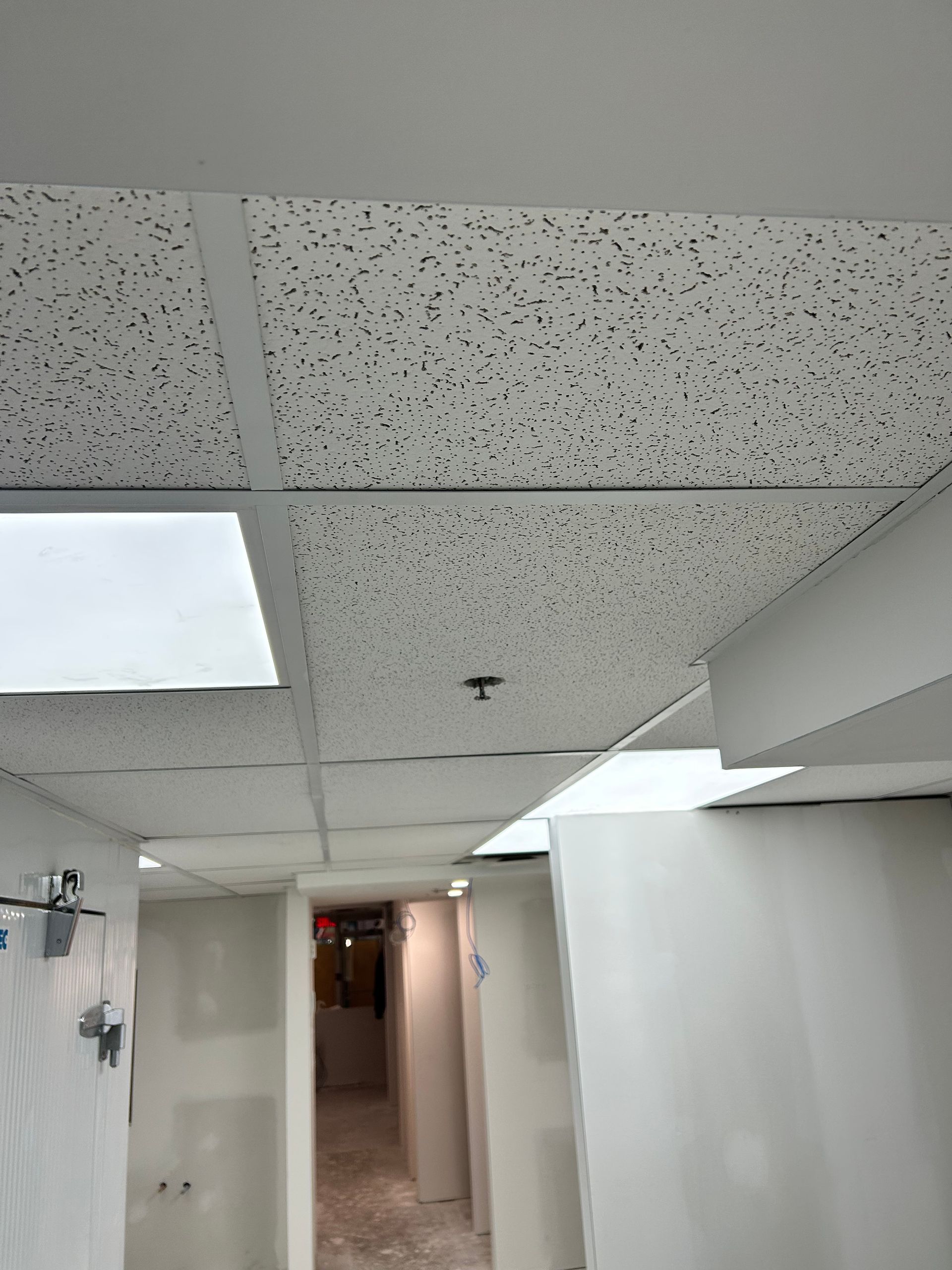 Un couloir avec un plafond carrelé et une lumière au plafond.