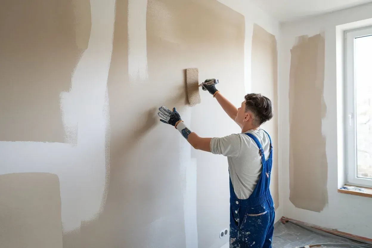 Person painting a white wall in a bright room with a roller and brush