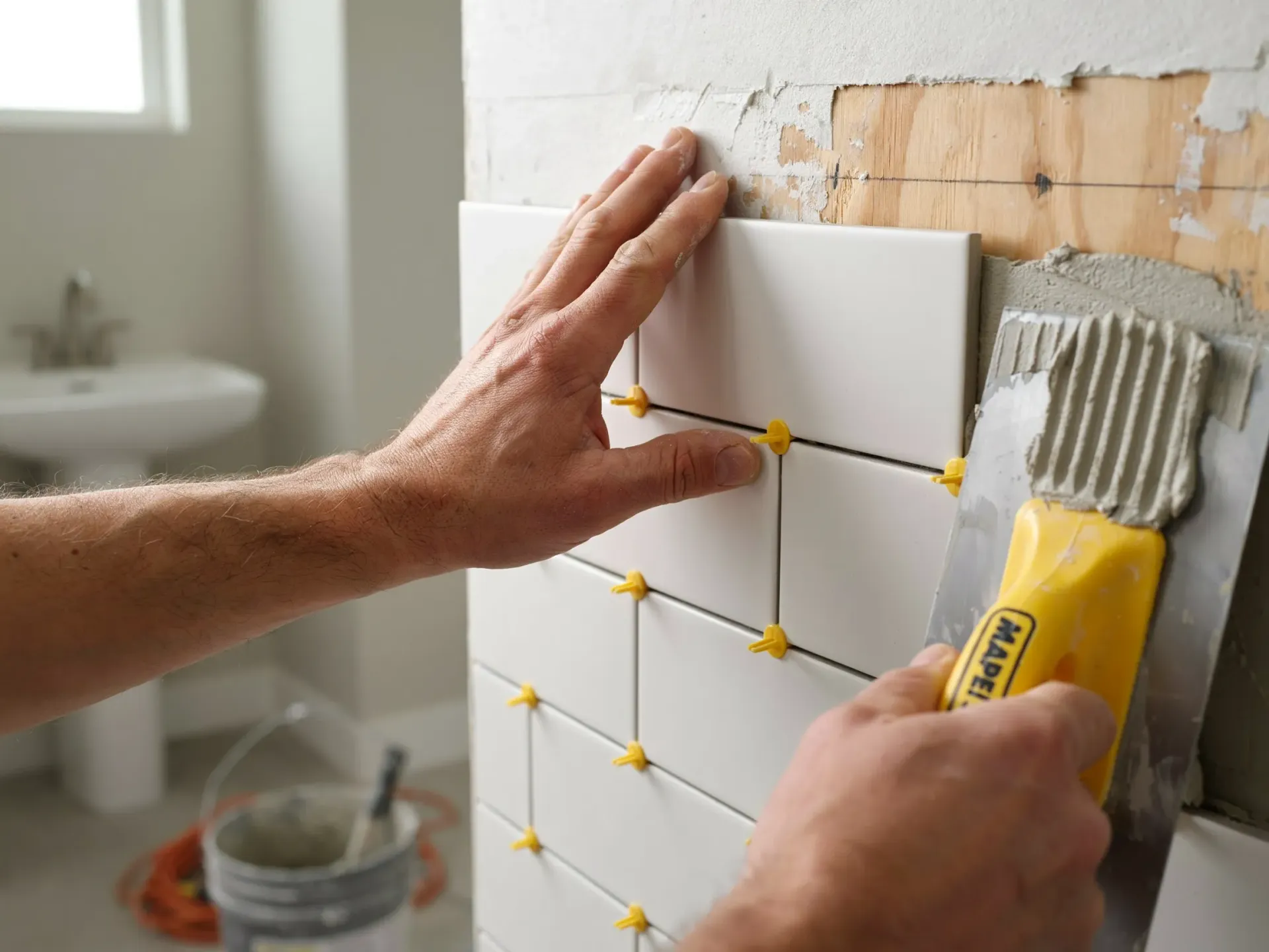 Hands installing white wall tiles with gray adhesive and yellow spacers in a bathroom.
