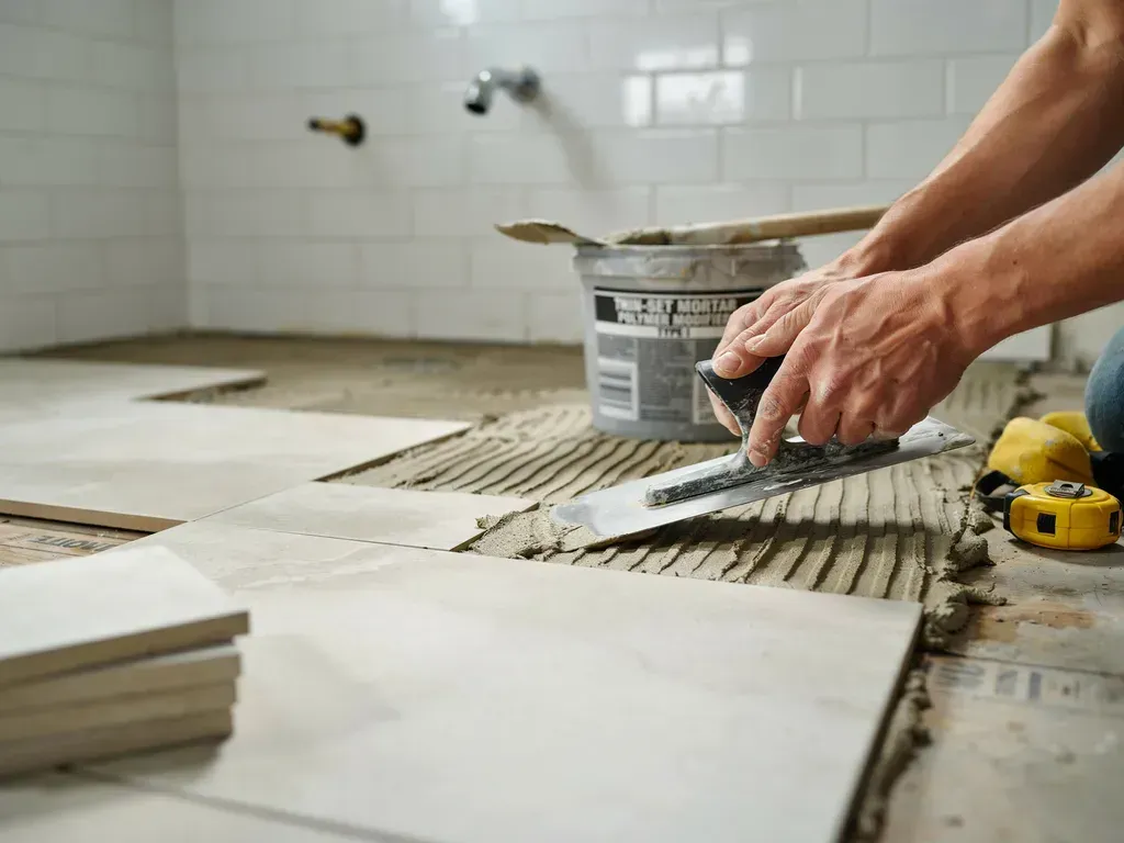 Hands spreading mortar on a tiled countertop during a kitchen renovation