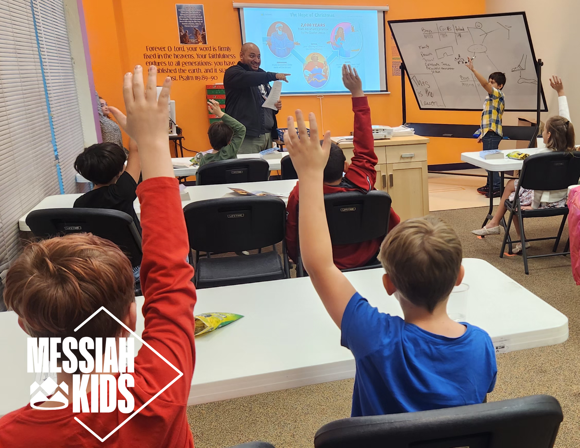 Volunteer teaching and guiding kids in faith at Messiah Bible Church’s Christ-centered Children’s Ministry.