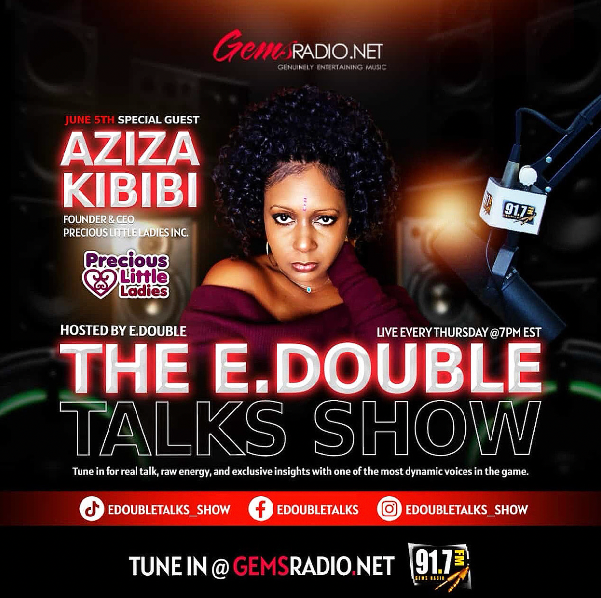 Radio show promo with Aziza Kibibi.  Hosted by E. Double on Gem Radio. Live every Thursday at 7pm EST.