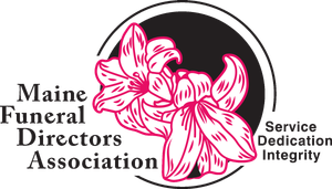 Logo of Maine Funeral Directors Association: pink flowers, black circle, text 