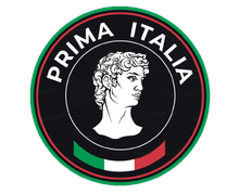 A logo for prima italia with a statue of a man