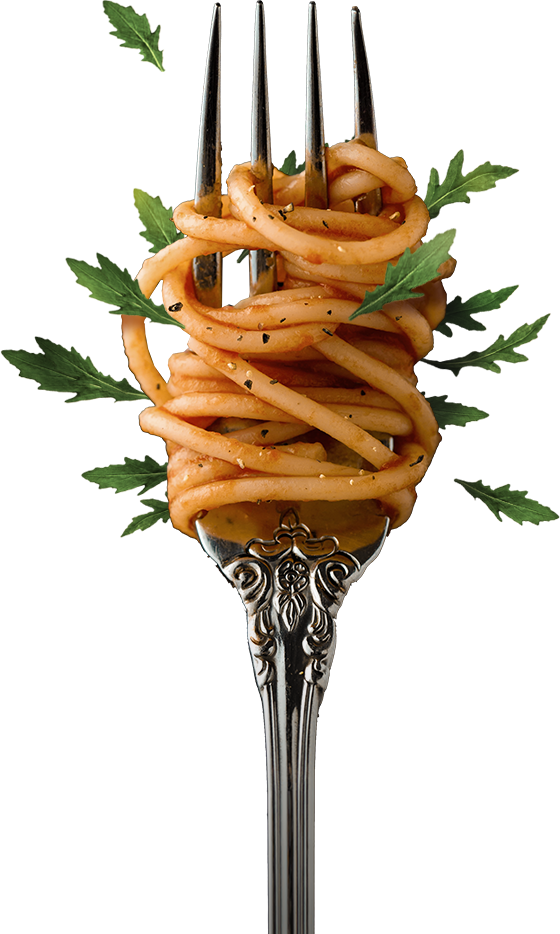 a fork with spaghetti and leaves on it