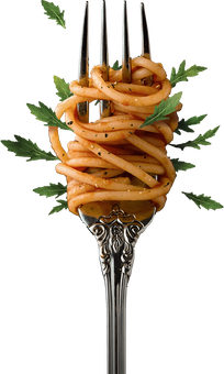 a fork with spaghetti and leaves on it