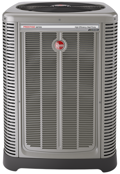 A rheem air conditioner is sitting on a white surface.