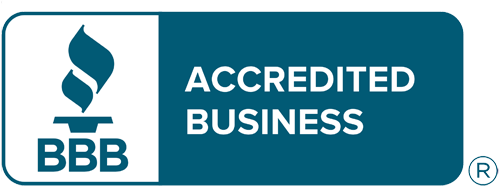 The bbb logo is blue and white and says accredited business.