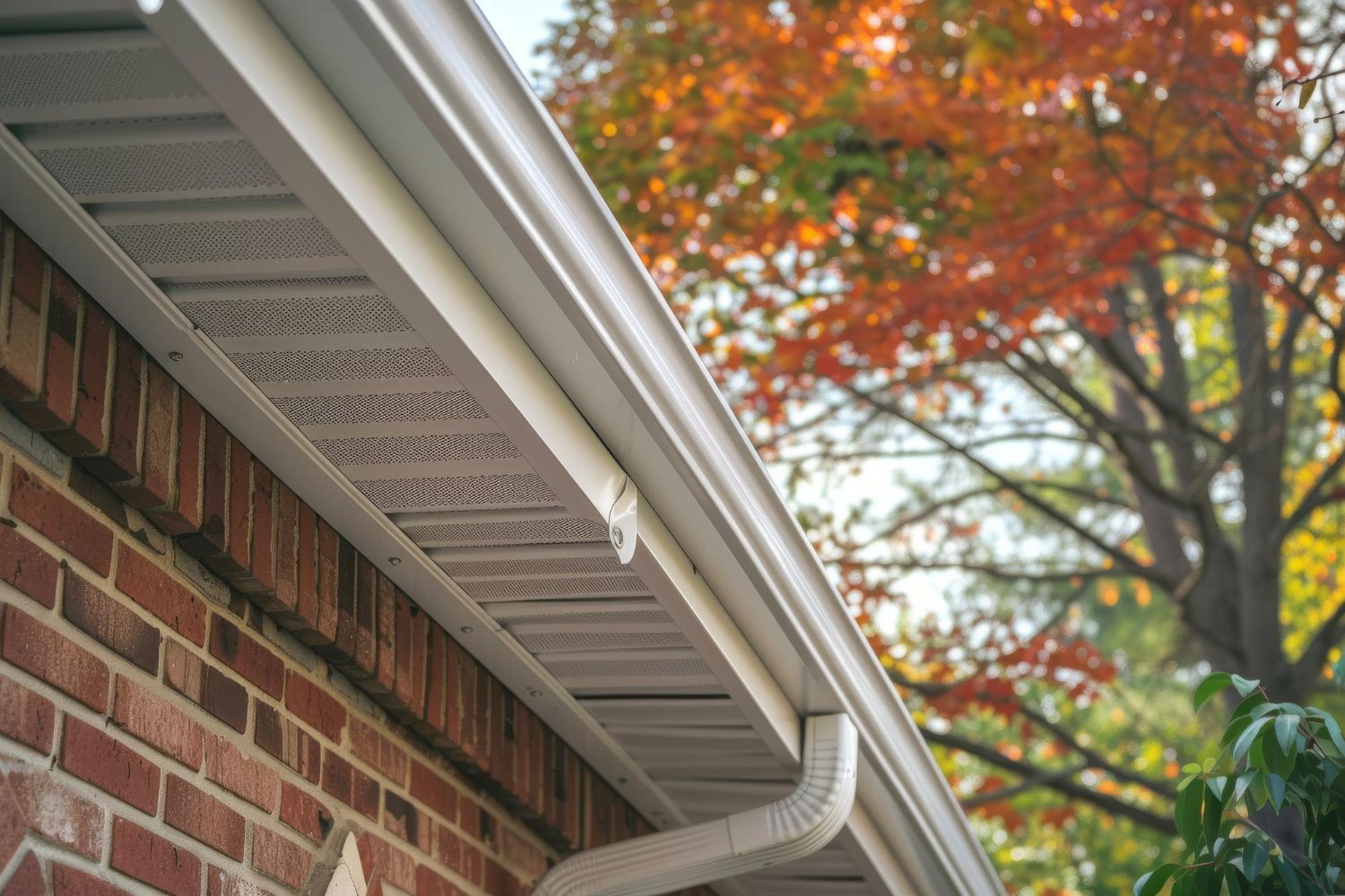 A gutter on the side of a brick house with a tree in the background.