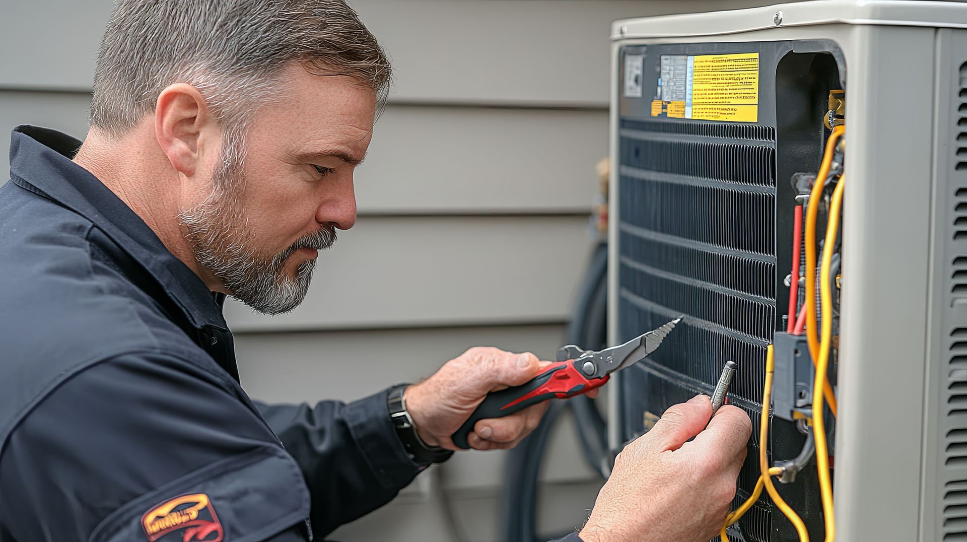 A man is working on an air conditioner outside of a house.