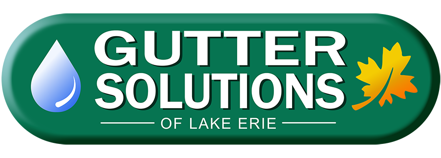 The logo for gutter solutions of lake erie has a drop of water and a leaf on it.