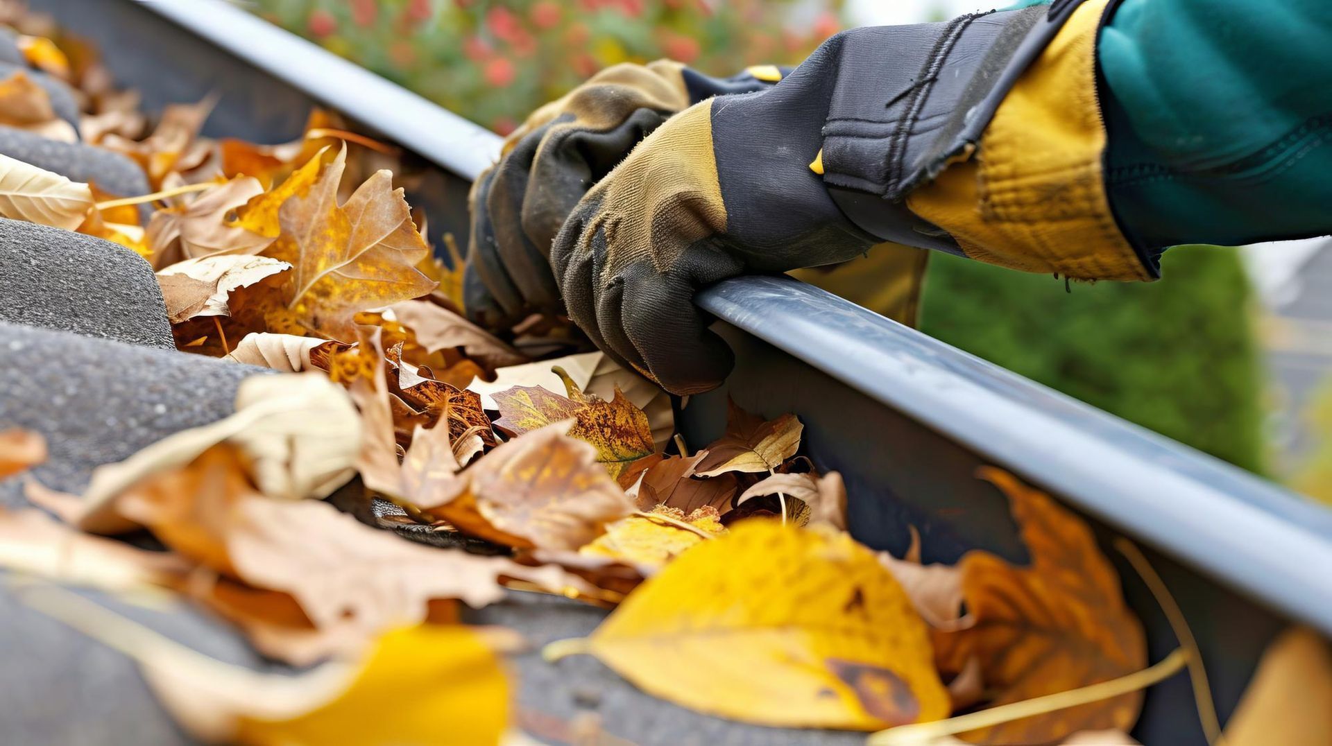 A person wearing gloves is cleaning a gutter of leaves.