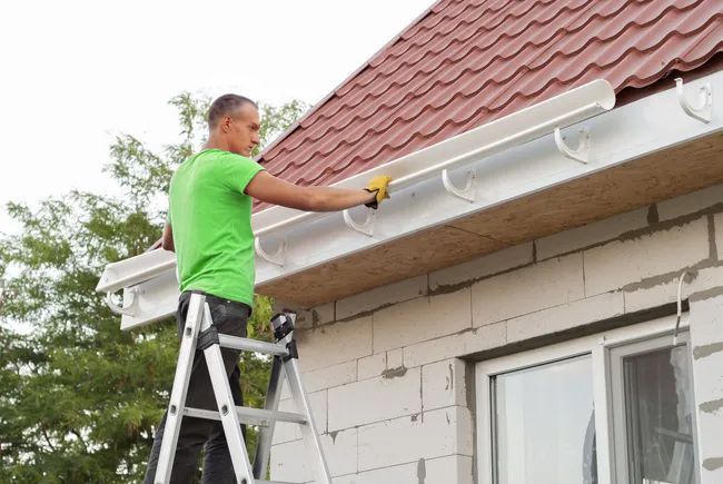 A man is standing on a ladder fixing a gutter on the side of a house.