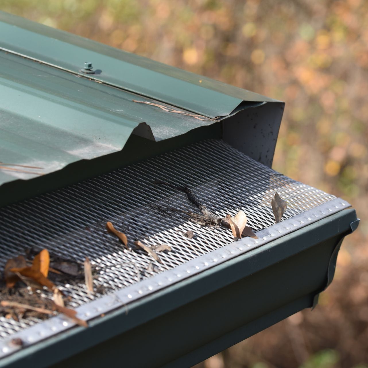 A close up of a gutter on a roof with leaves on it.