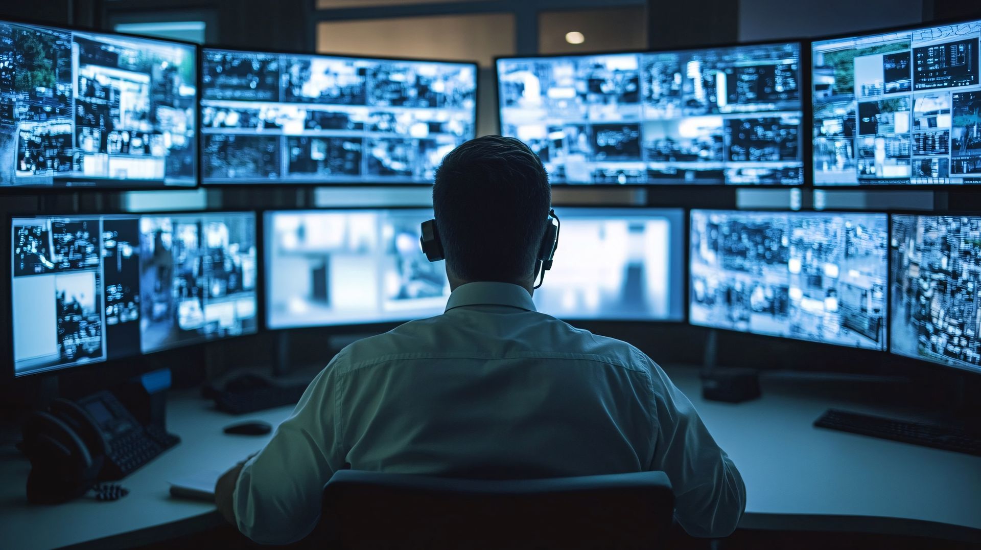 A man is sitting at a desk in front of a bunch of computer monitors.