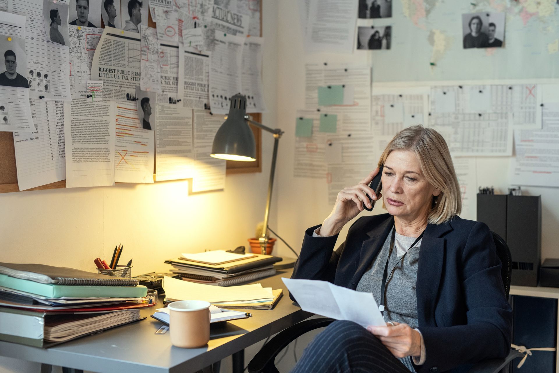 A woman is sitting at a desk talking on a cell phone.