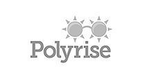A black and white logo for polyrise with a sun and sunglasses.