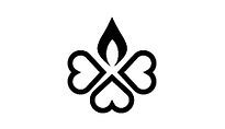 A black and white logo of a flower with hearts and a flame.