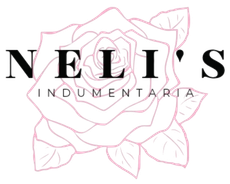 Logotipo de NELI'S Indumentaria con texto negro sobre una rosa de líneas rosas.