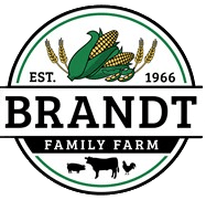 Logo for Brandt Family Farm with corn and animals, established 1966.