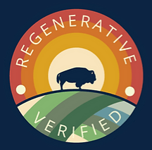 Circular logo: Bison silhouette, rainbow over a field,