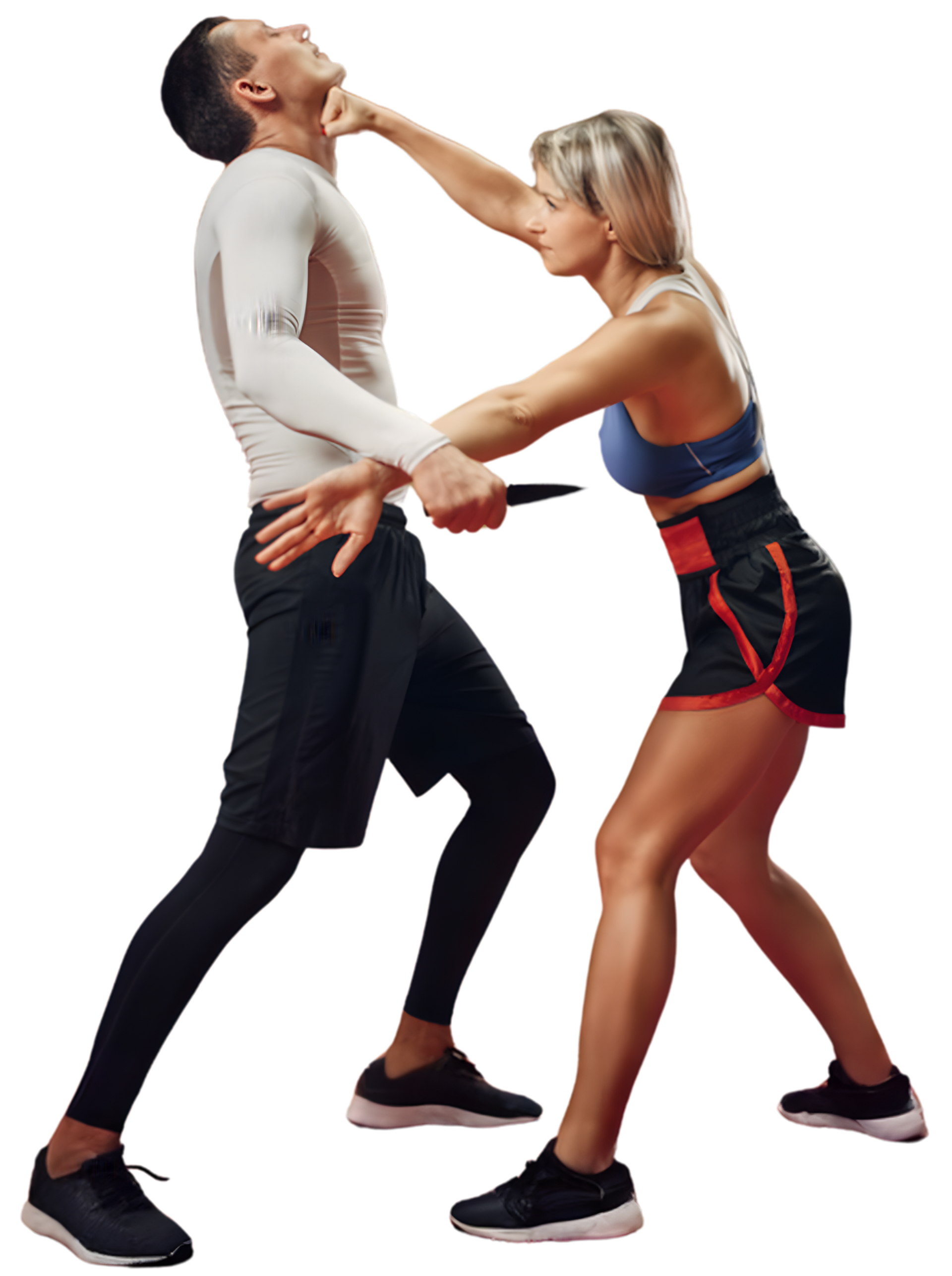 A man and a woman are dancing together on a white background.