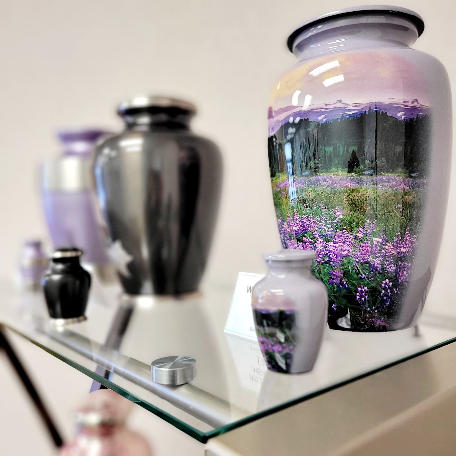 a display of vases and urns on a glass shelf .