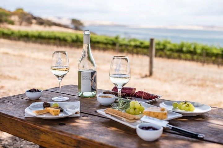 Picnic table with wine and cheese at a vineyard
