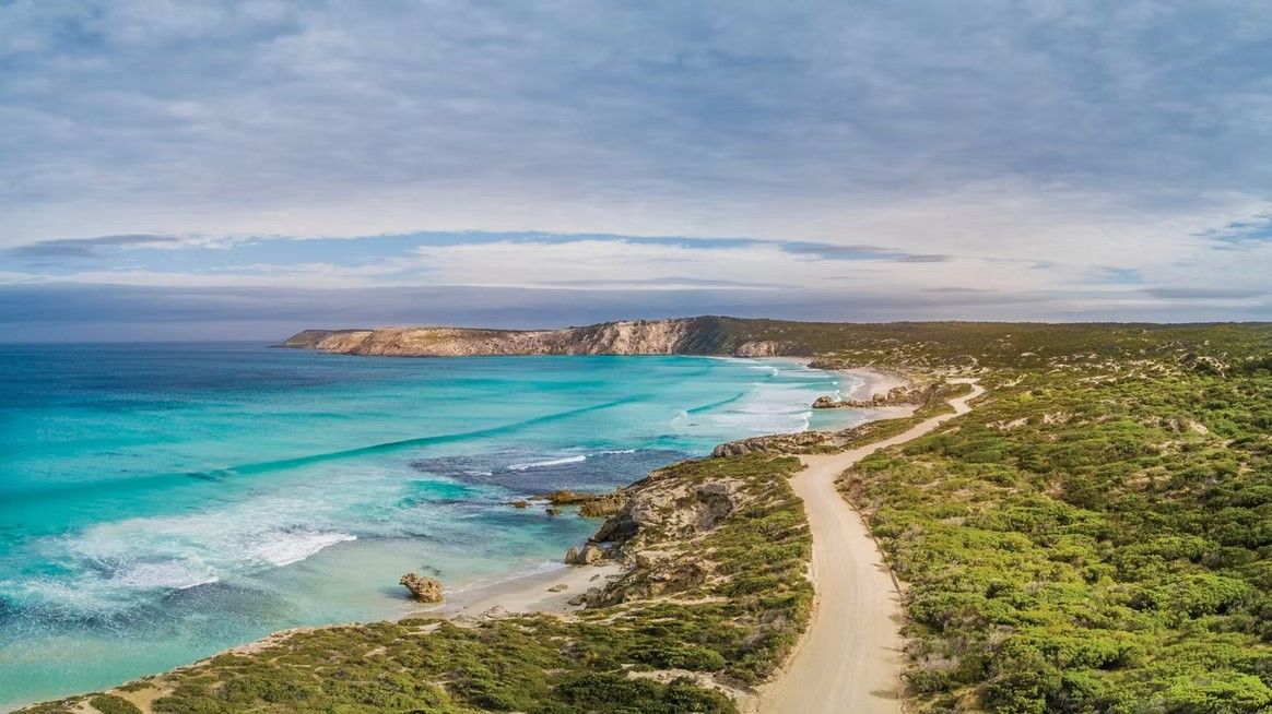A coastal road winds alongside turquoise water, rocky shore, and green vegetation under a cloudy sky.