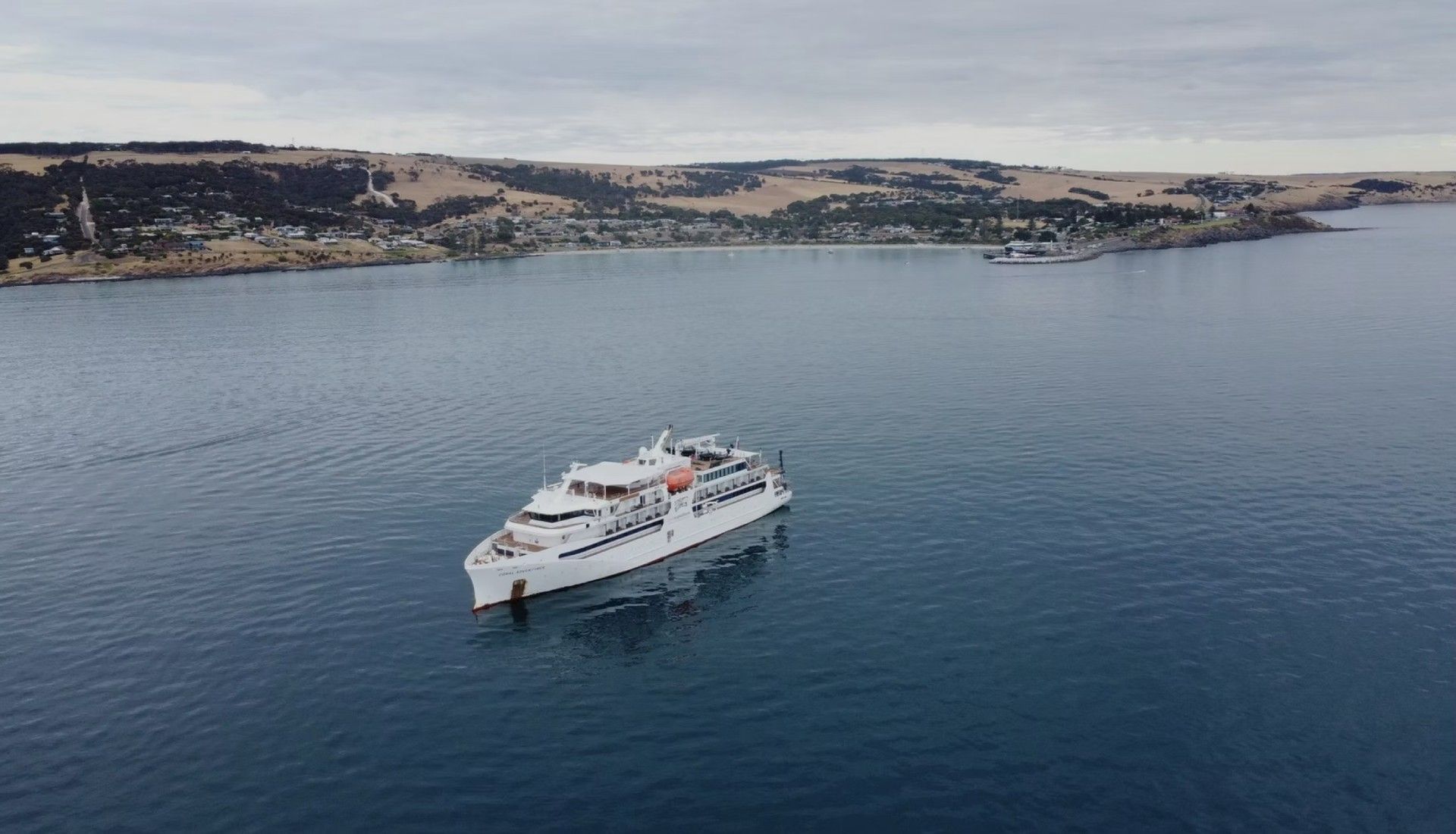 White ferry on blue water with a coastline in the background under an overcast sky