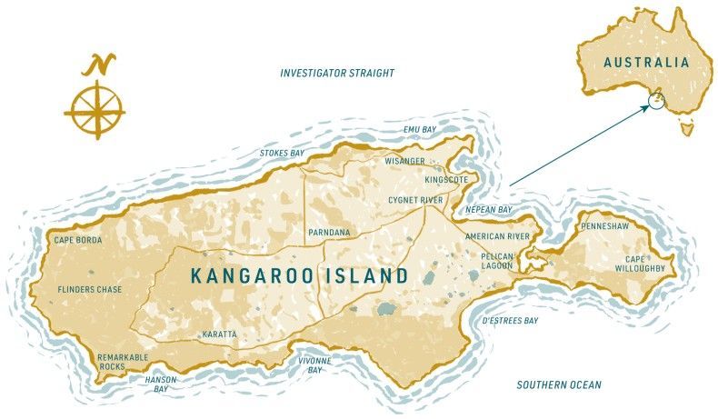 Map of Kangaroo Island, Australia, in light brown, showing towns and surrounding waters.