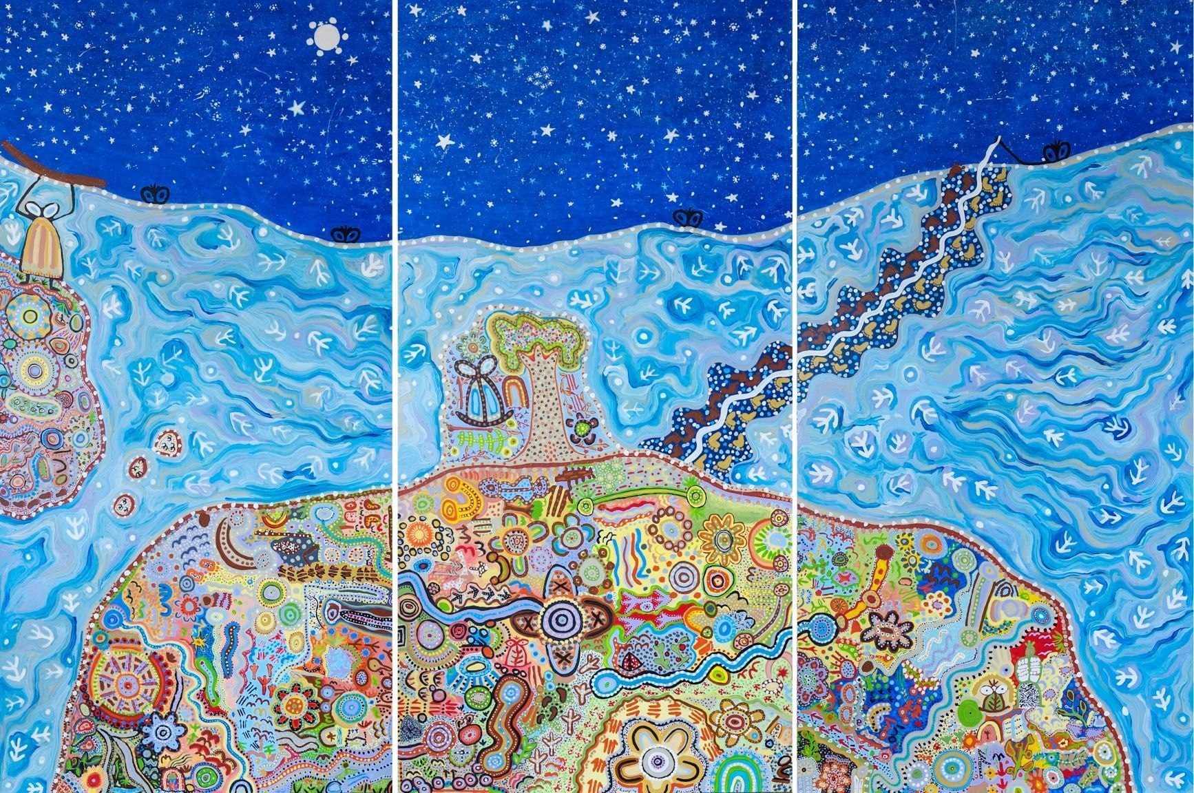 Triptych painting: Night sky with stars over a detailed, colorful landscape and water.